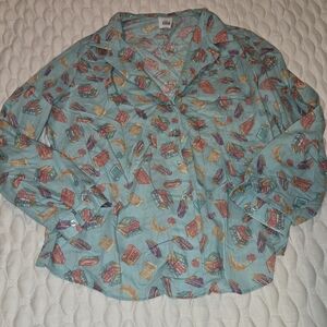 NIKKI vintage Women's Long Sleeve Button Down Shirt Aqua Book & Quills Size 20